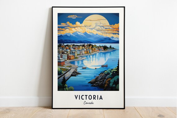 Victoria Canada Moonlit Harbor Boats Mountains Evening View Poster