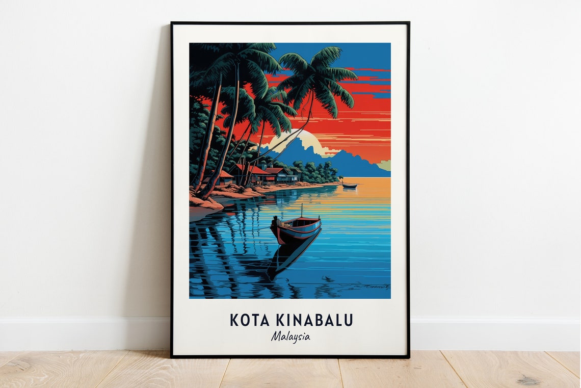 Kota Kinabalu Malaysia Fiery Sunset Beach Palms Travel Poster