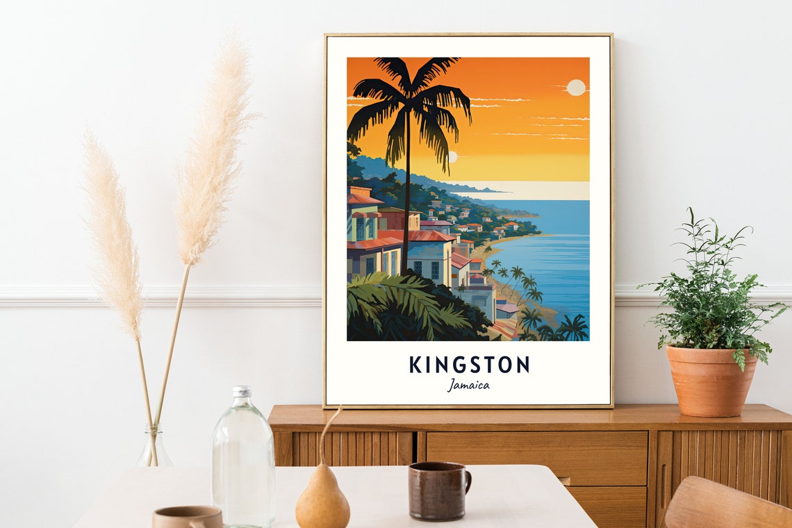 Kingston Jamaica Sunset Coastal Hillside Town Palm Tree Poster - Image 2