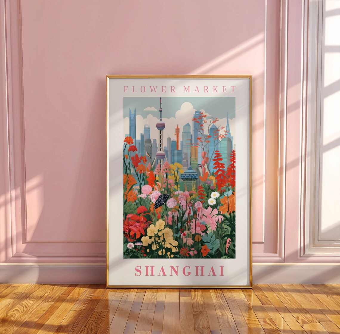 Shanghai Flower Market Pearl Tower Red Blossom Travel Poster - Image 3