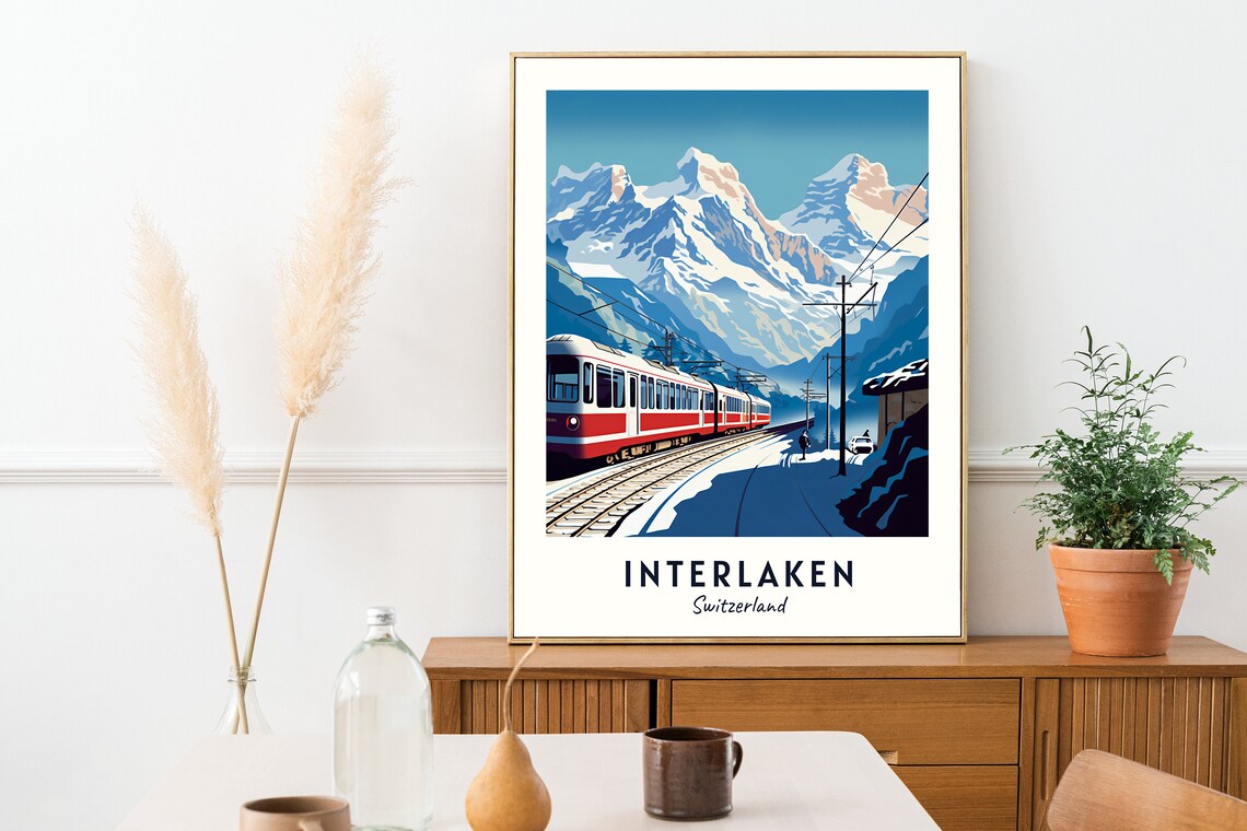 Interlaken Switzerland Red Train Snowy Alps Peak Travel Poster - Image 2