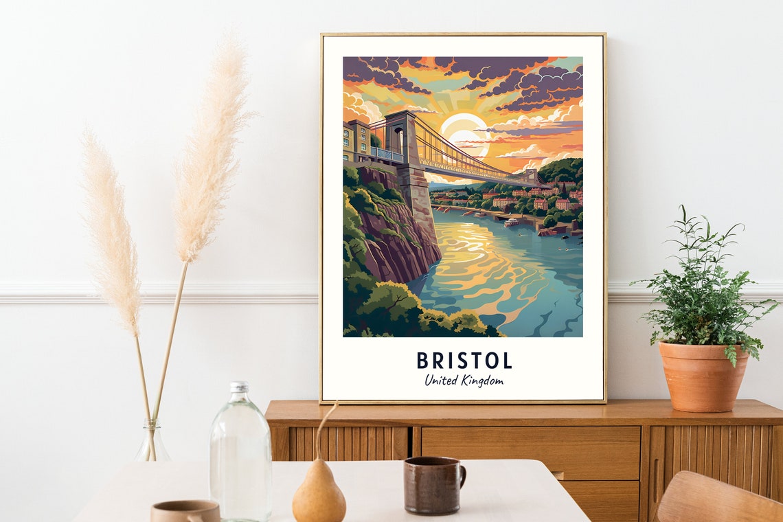 Bristol Clifton Suspension Bridge Sunset River Gorge Travel Poster - Image 2
