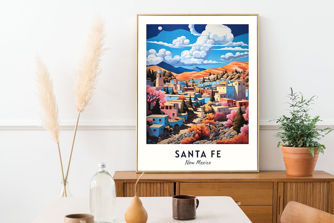 Santa Fe New Mexico Desert Hillside Colorful Pueblo Town Poster - Image 2