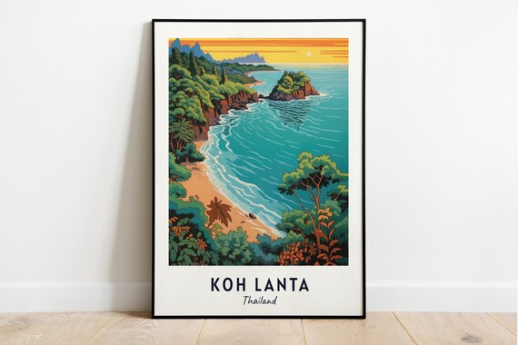 Koh Lanta Thailand Tropical Bay Sunset Beach Vintage Style Travel Poster