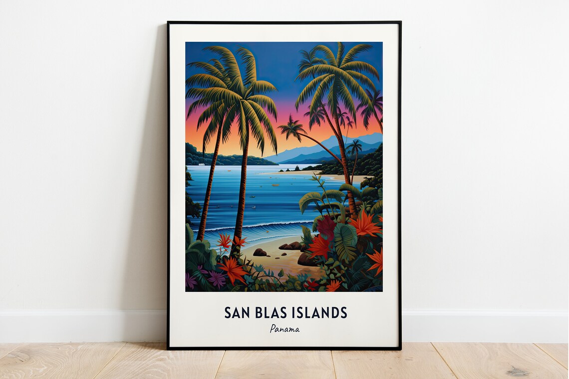 San Blas Islands Panama Sunset Palms Tropical Beach Travel Poster