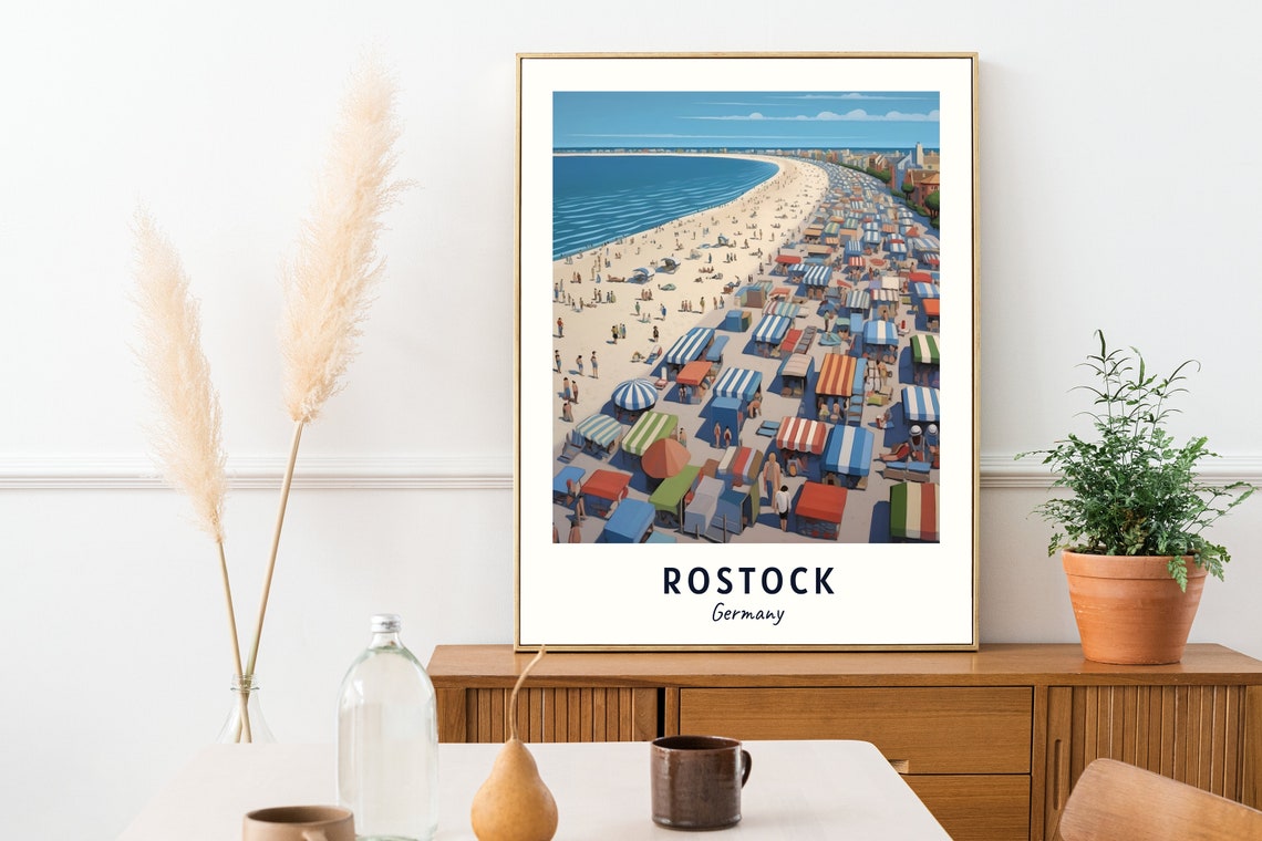 Rostock Germany Beach Striped Chairs Summer Day Travel Poster - Image 2