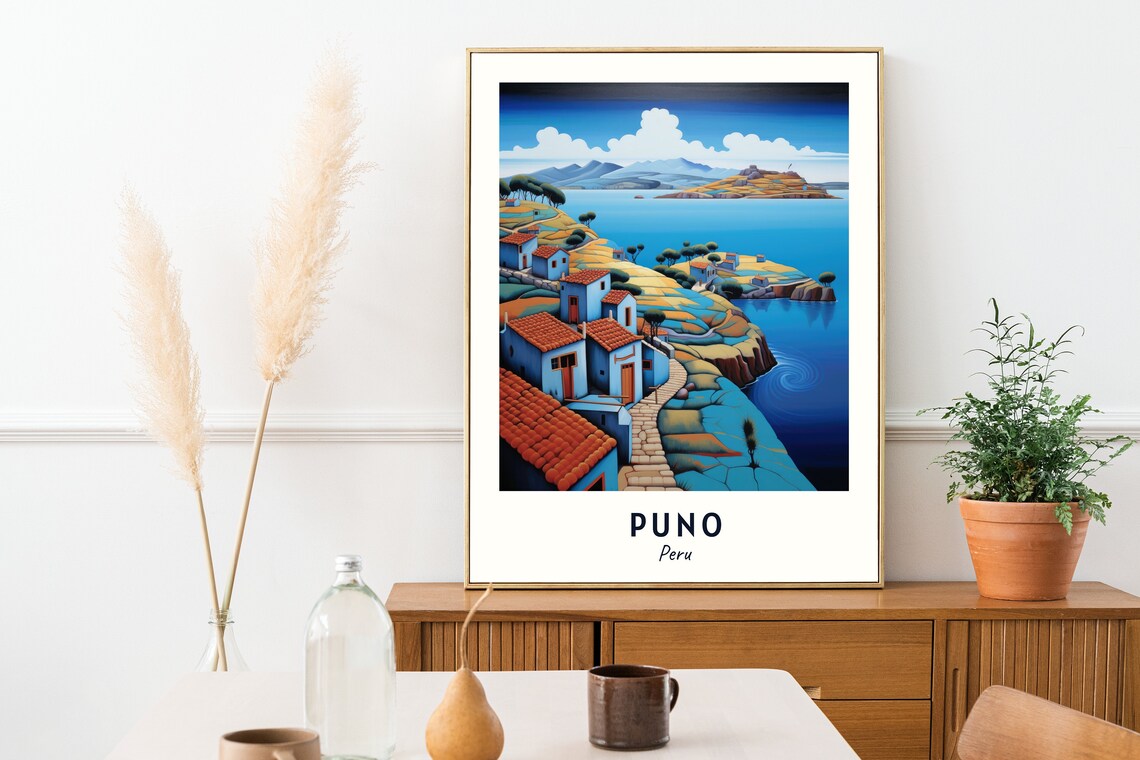 Puno Peru Lakeside Village And Hills Over The Blue Lake Travel Poster - Image 2