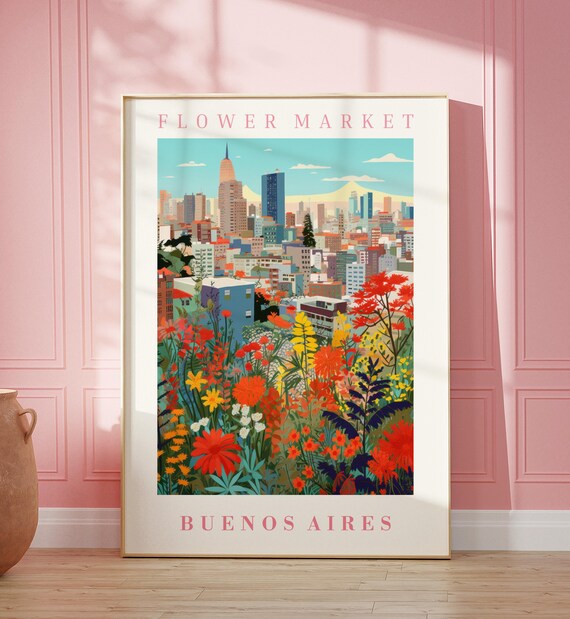 Buenos Aires Flower Market Poster with Tower Skyline Red Blooms