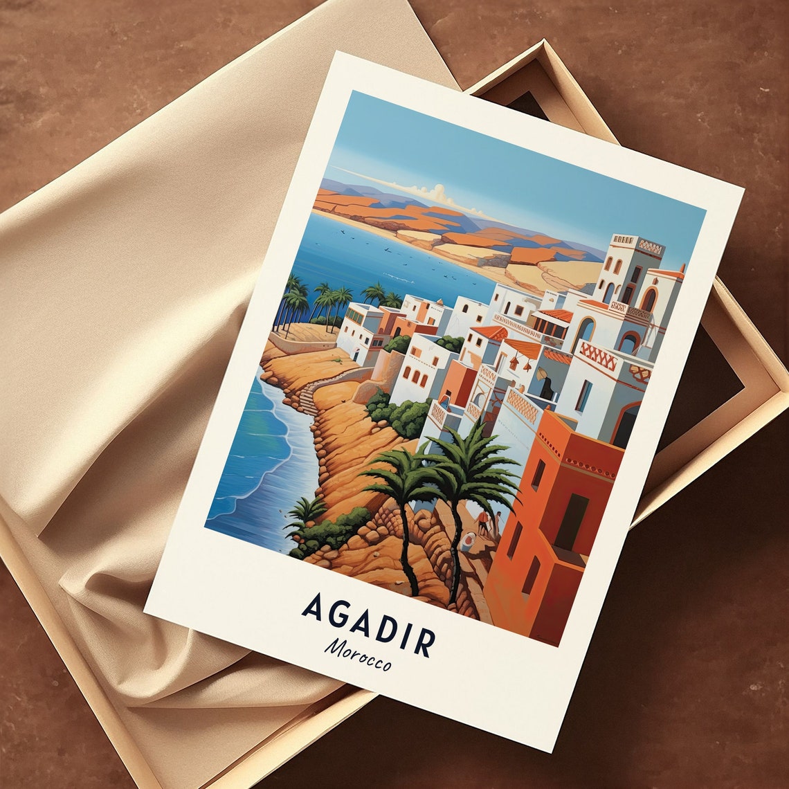 Agadir Morocco Whitewashed Cliffs Palm Trees Seaside Travel Poster - Image 3