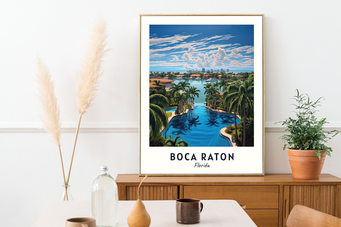 Boca Raton Florida Tropical Lagoon Palm Trees Skyline Travel Poster - Image 2