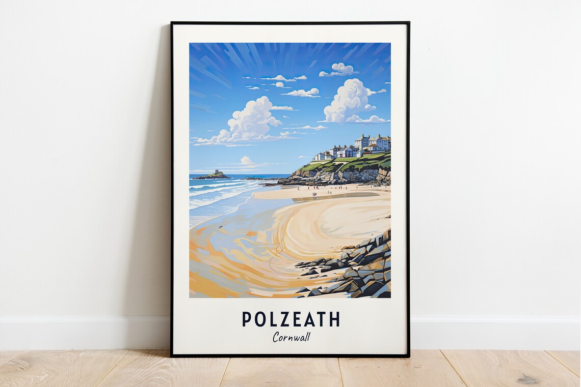 Polzeath Cornwall Sandy Beach Sunny Coastline Summer Travel Poster