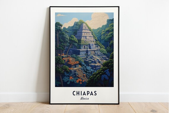 Chiapas Mexico Maya Pyramid Jungle Ruins Travel Poster Artwork