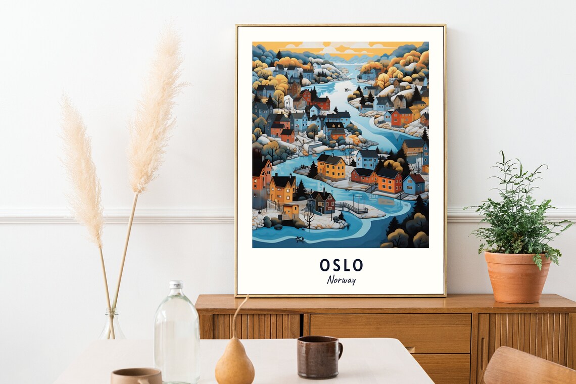 Oslo Winter Fjord Village Aerial Colorful Houses Travel Poster - Image 2