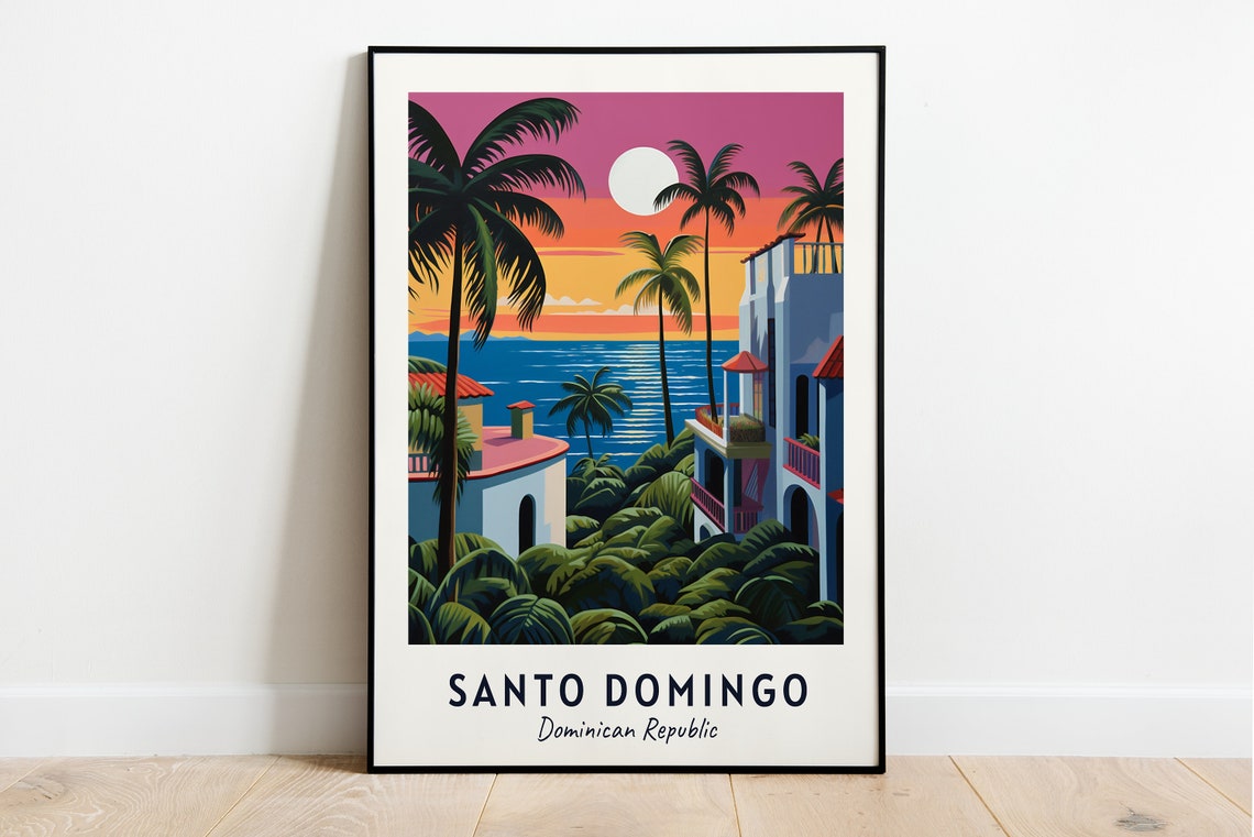 Santo Domingo Pink Sunset Palms Tropical Villa Travel Poster