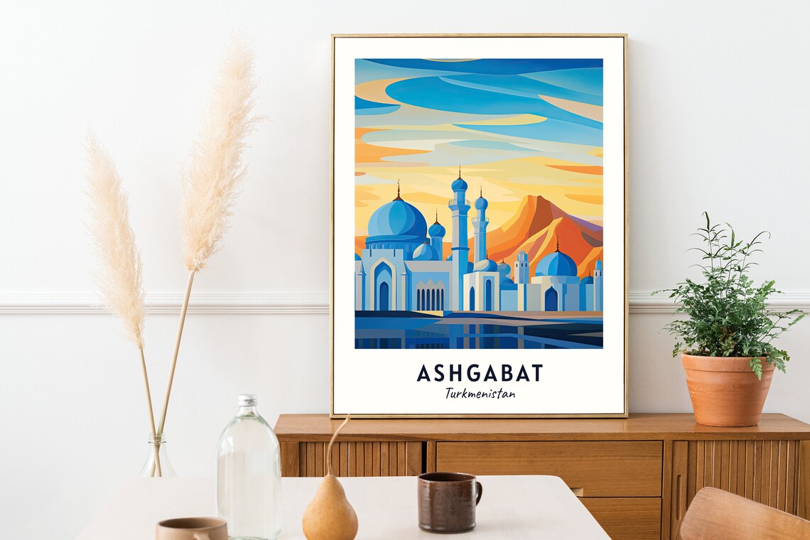 Ashgabat Turkmenistan Blue Domes Mosque Sunset Desert Travel Poster - Image 2