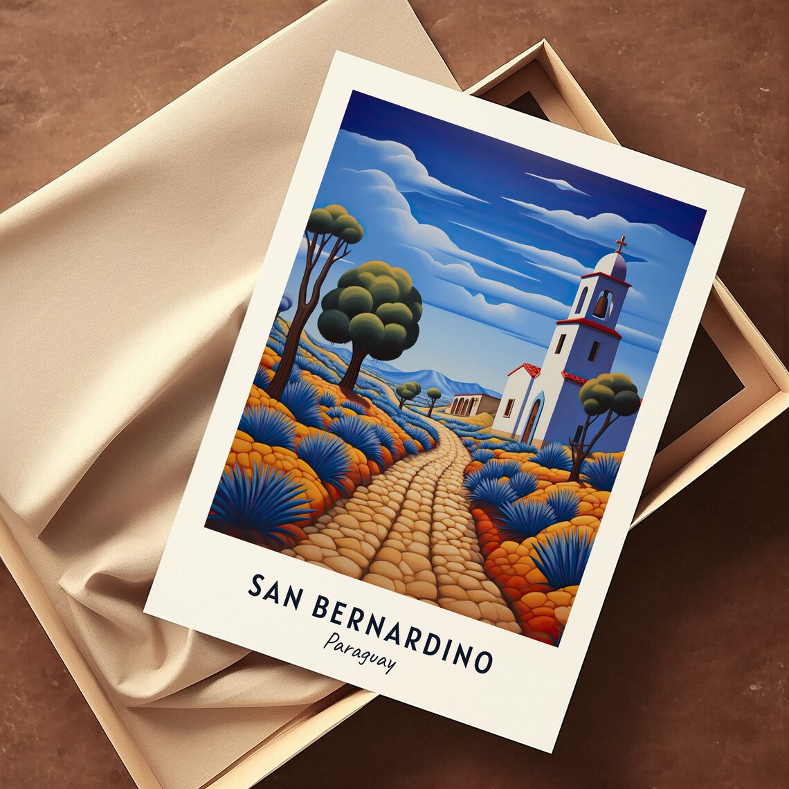 San Bernardino Paraguay Church Cobblestone Road Travel Poster - Image 3