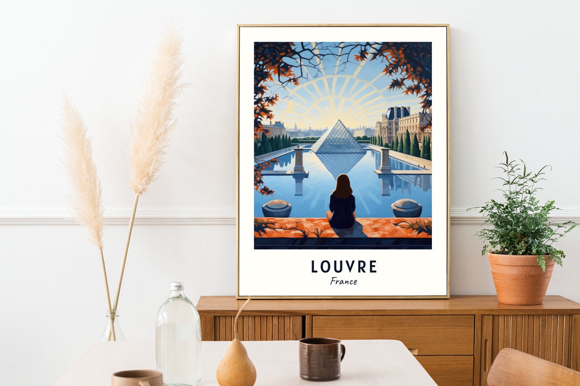 Louvre France Glass Pyramid Reflecting Pool Warm Sunset Poster - Image 2