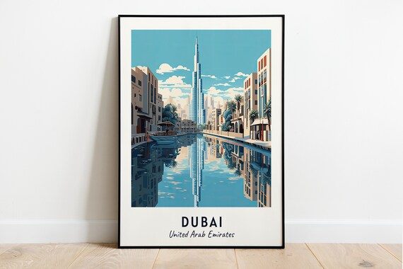 Dubai UAE Burj Khalifa Canal Reflection Travel Poster Artwork