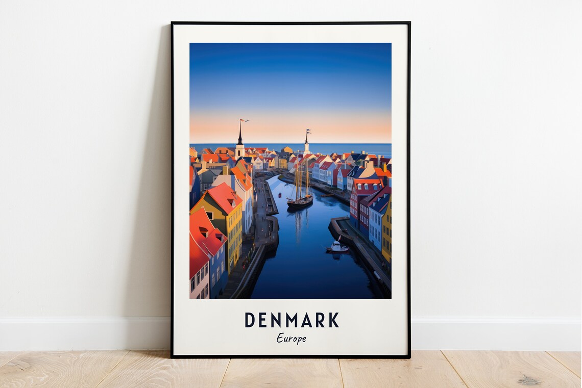 Denmark Europe Colorful Harbor Nyhavn Boats Dusk Travel Poster