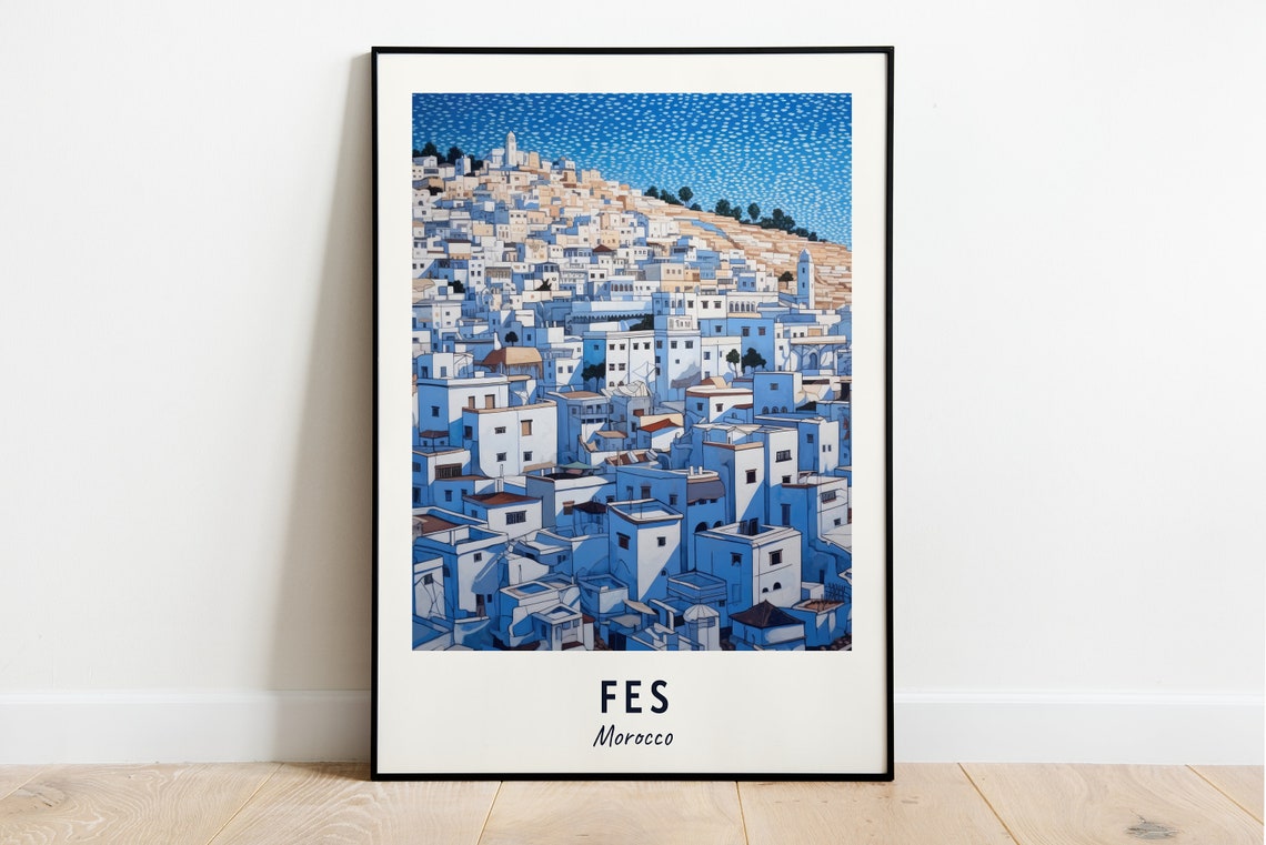 Fes Morocco Whitewashed Medina Houses Cascade Hillside Art Poster