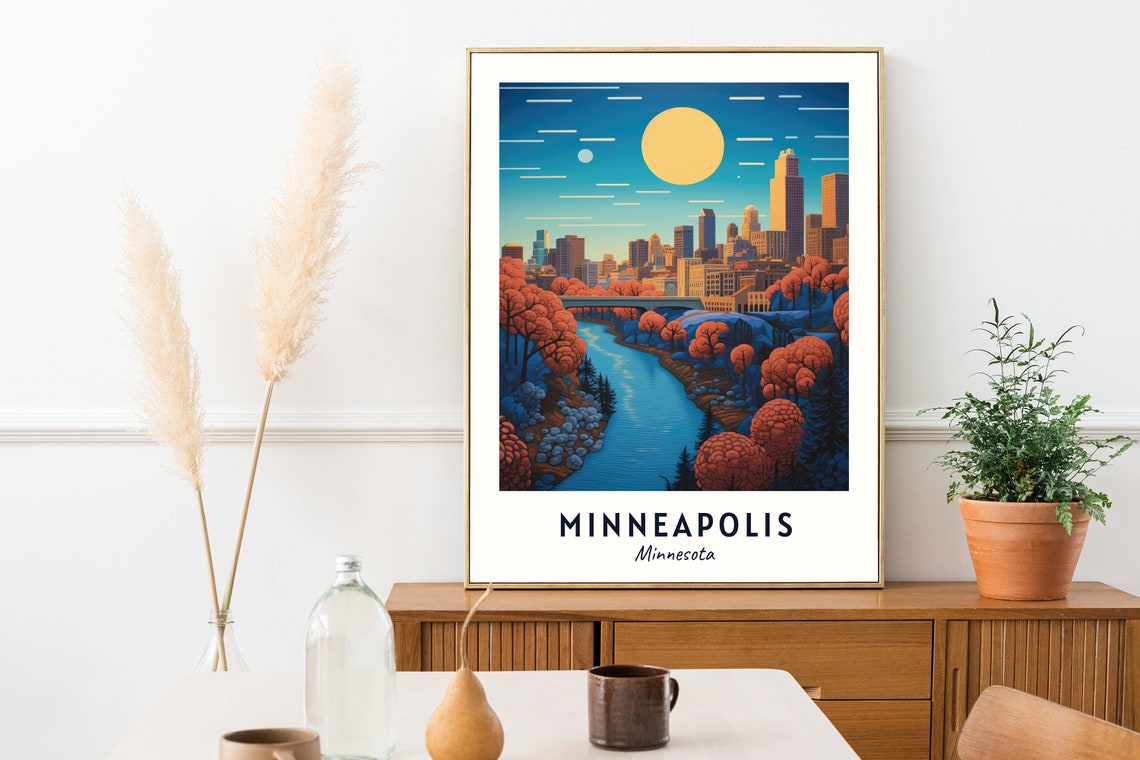 Minneapolis Minnesota Autumn Sunset River Golden Skyline Poster - Image 2
