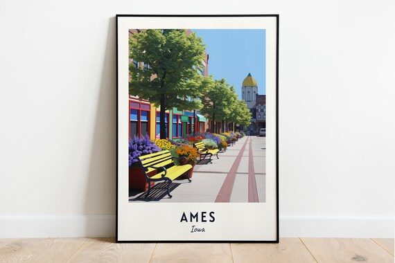 Ames Iowa Charming Flower Lined Main Street Downtown Bench Poster