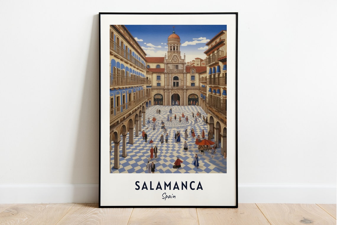 Salamanca Plaza Mayor Checkered Square Arcade People Travel Poster