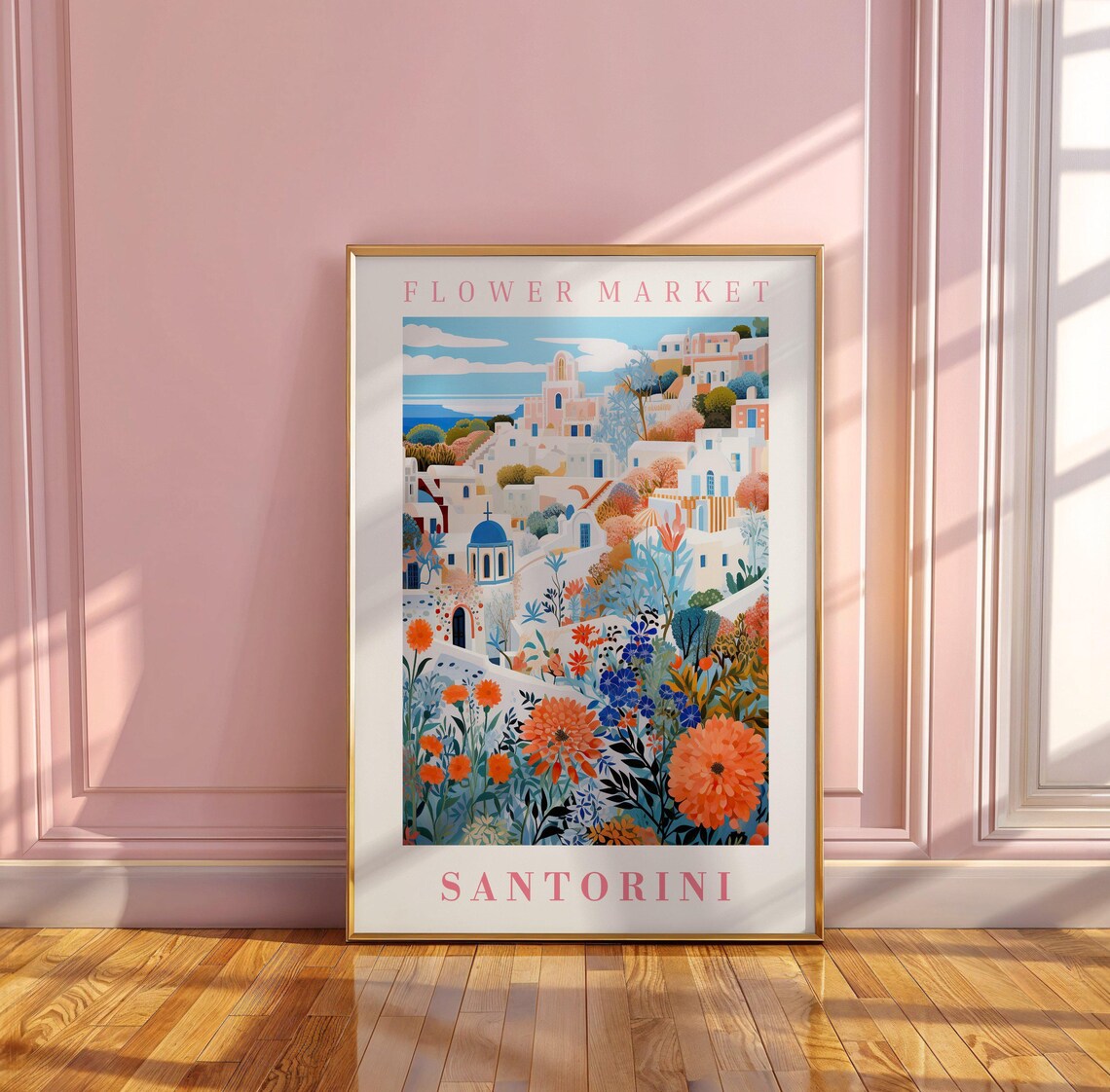 Santorini Flower Market Blue Domes White Village Travel Poster - Image 2