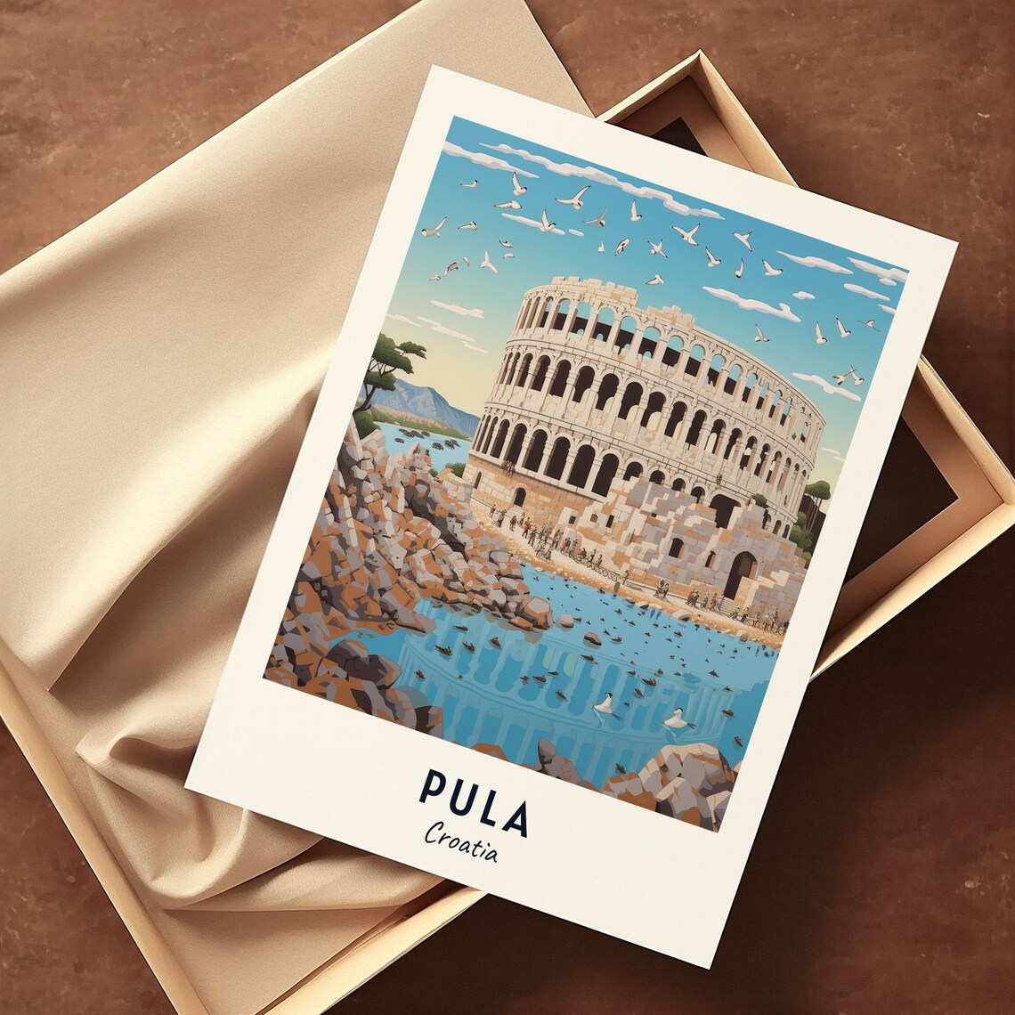 Pula Croatia Roman Amphitheater Arena By The Sea Seagulls Travel Poster - Image 3