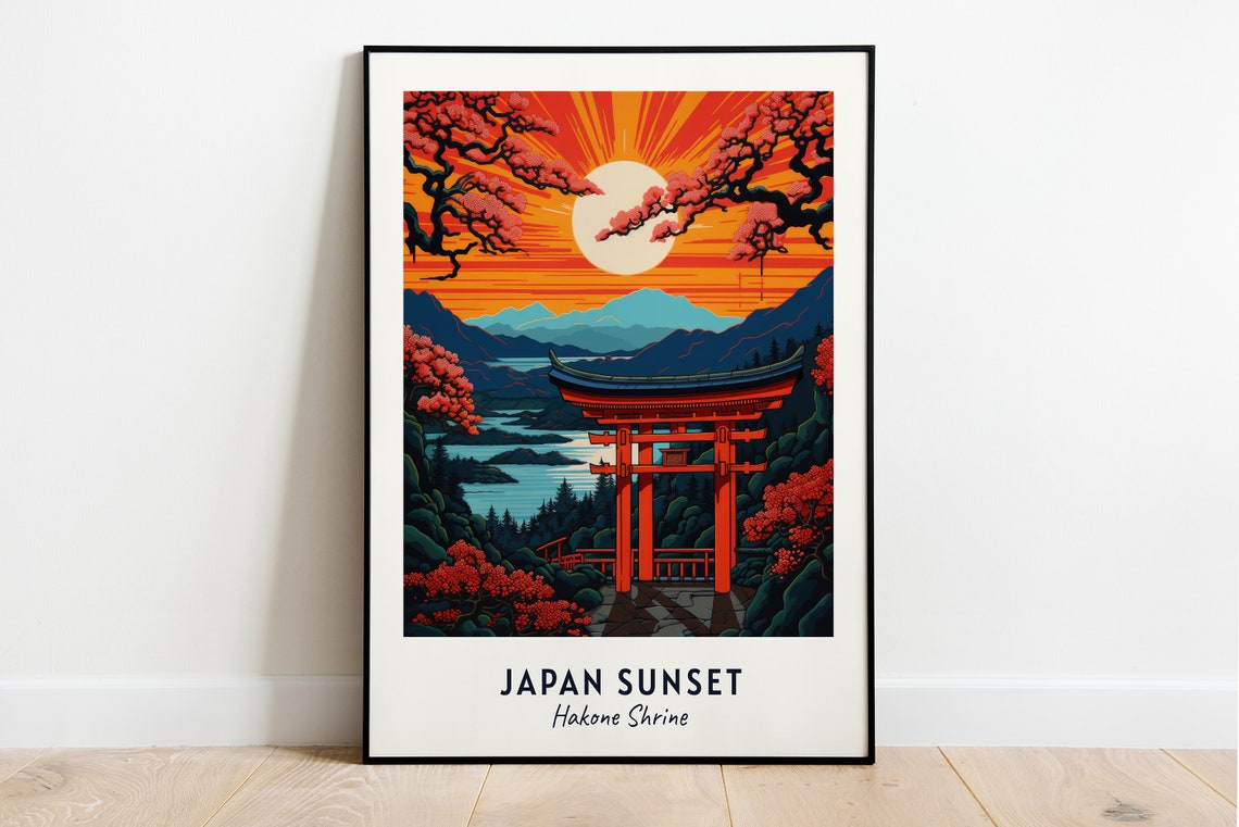 Hakone Shrine Japan Sunset Red Torii Gate Lake View Travel Poster