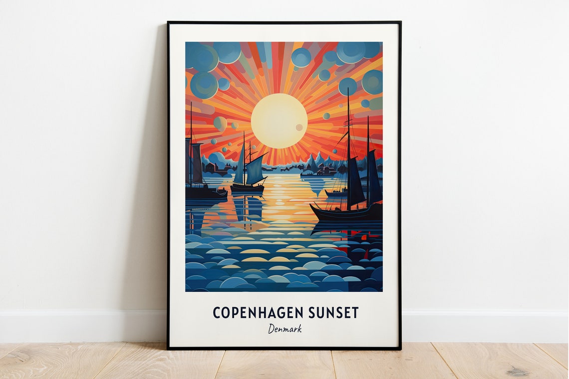 Copenhagen Sunset Harbor Sailing Ships Vintage Style Denmark Poster