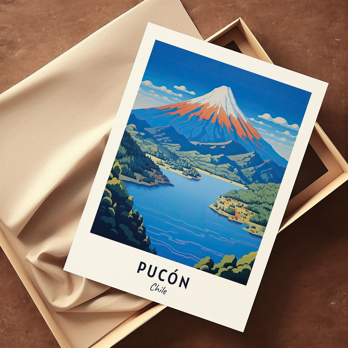Pucón Chile Snow Capped Villarrica Volcano Over Blue Lake Poster - Image 3