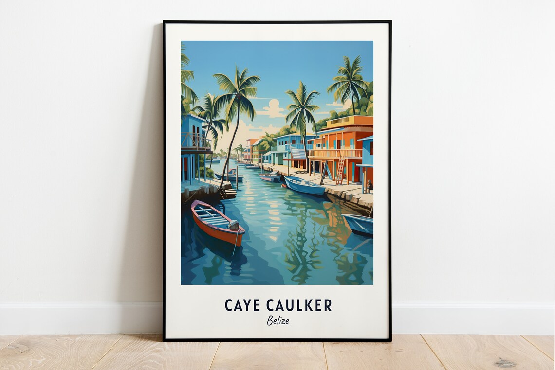 Caye Caulker Belize Canal Boats Colorful Waterfront Travel Poster