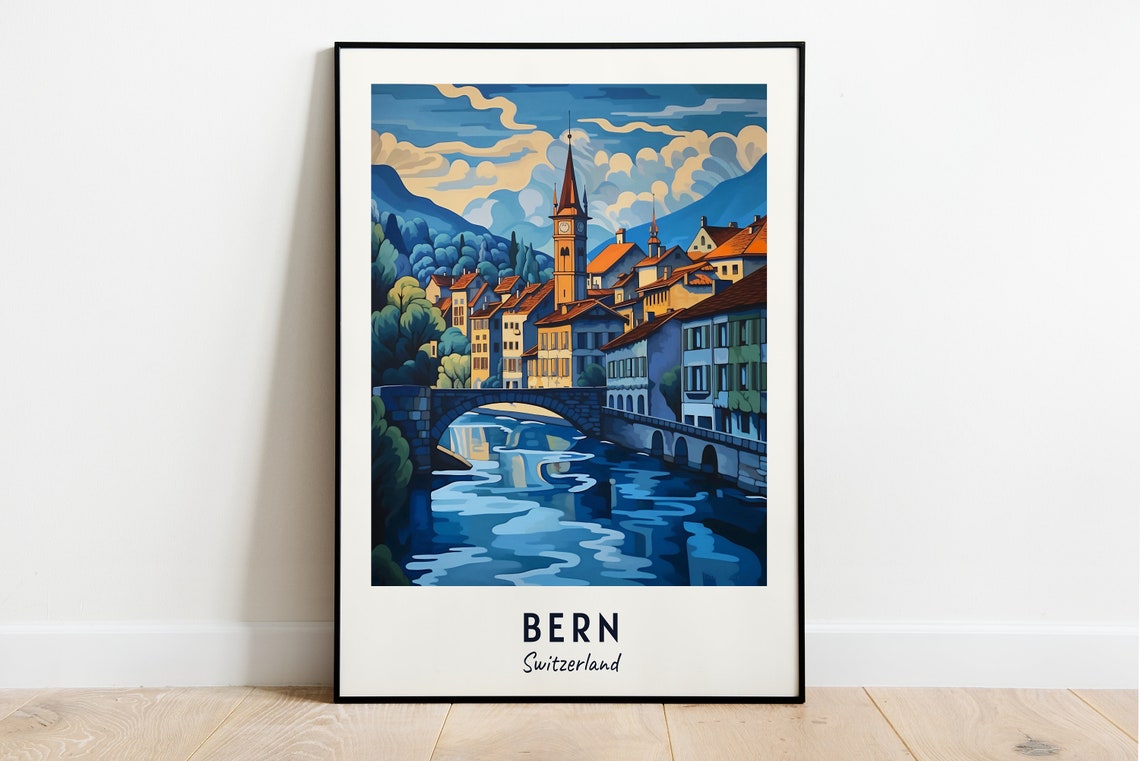 Bern Switzerland Old Town River Bridge View Art Travel Poster