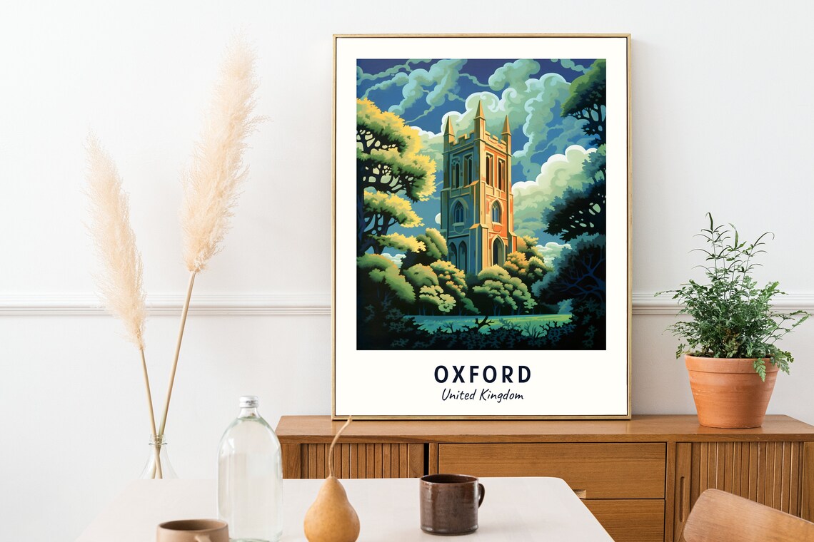 Oxford United Kingdom Church Tower Among Trees Travel Poster - Image 2