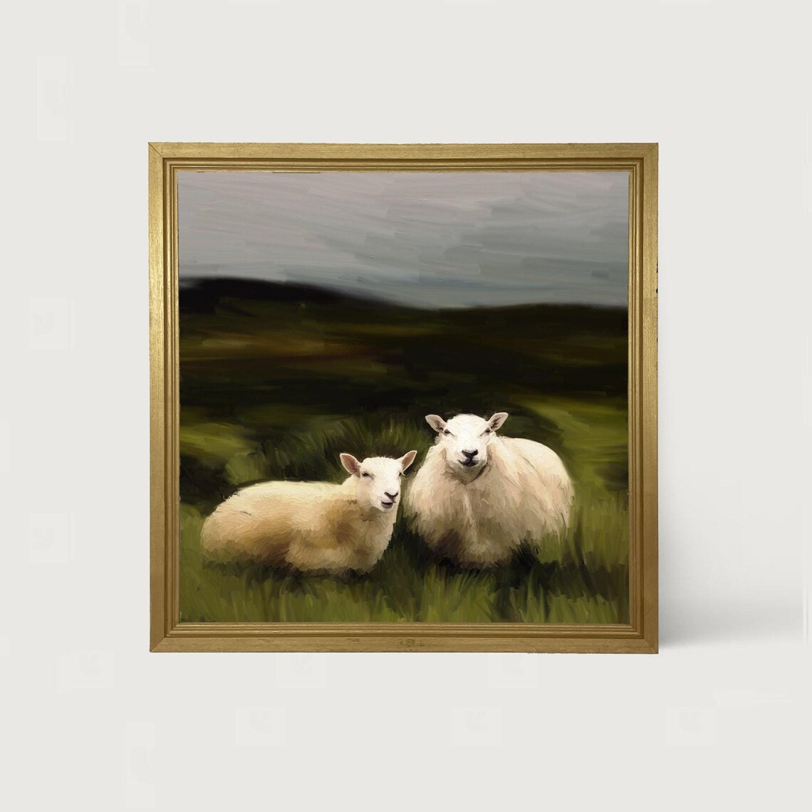 Two Sheep in a Pasture Art Print, Farm Animal