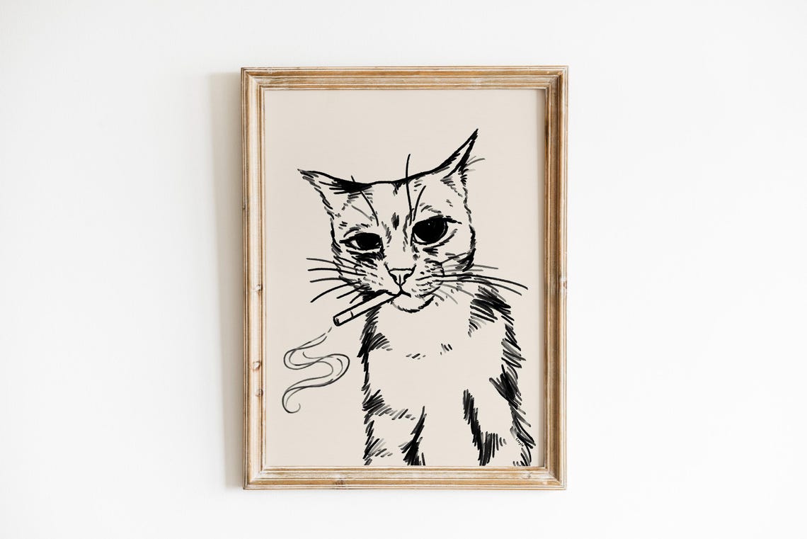 Smoking Cat Funny Retro Ink Sketch Portrait Trendy Cool Cat Wall Art - Image 2