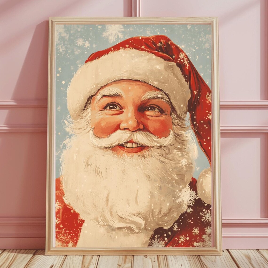 Vintage Winking Santa Claus Portrait Falling Snow Christmas Poster