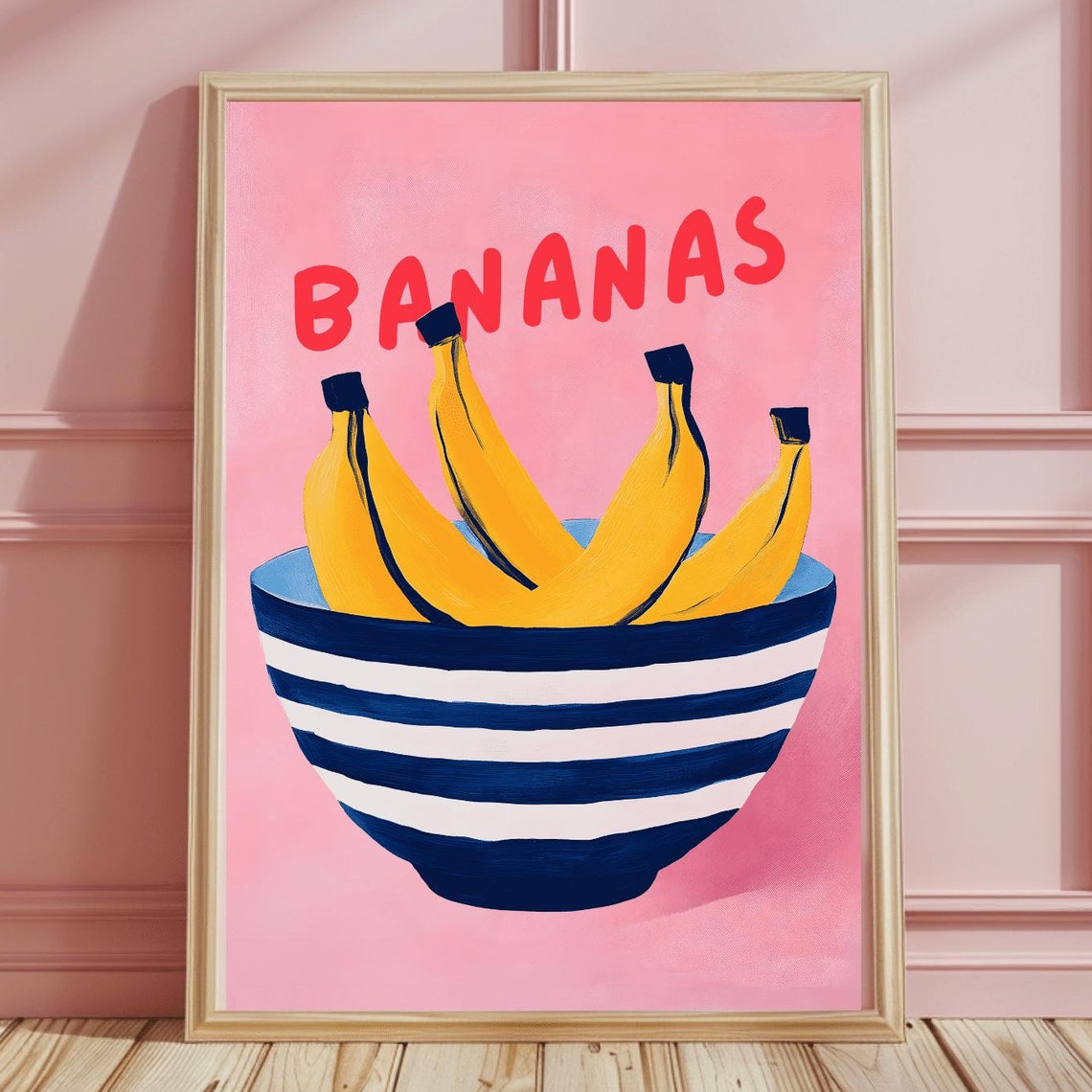 Yellow Bananas in Striped Bowl on Pink Mid Century Kitchen Poster