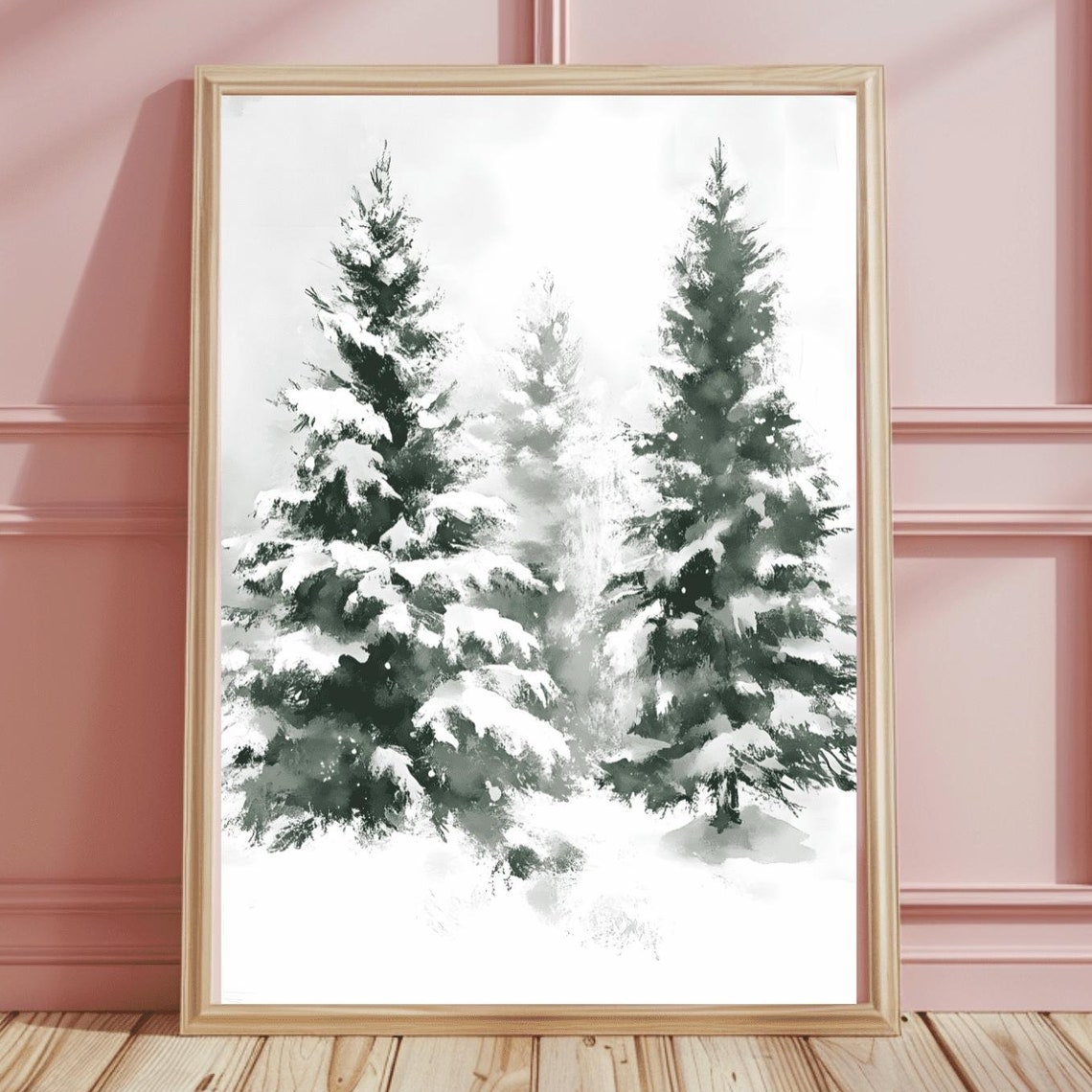 Snowy Watercolor Pine Forest Misty Serene Winter Trees Poster