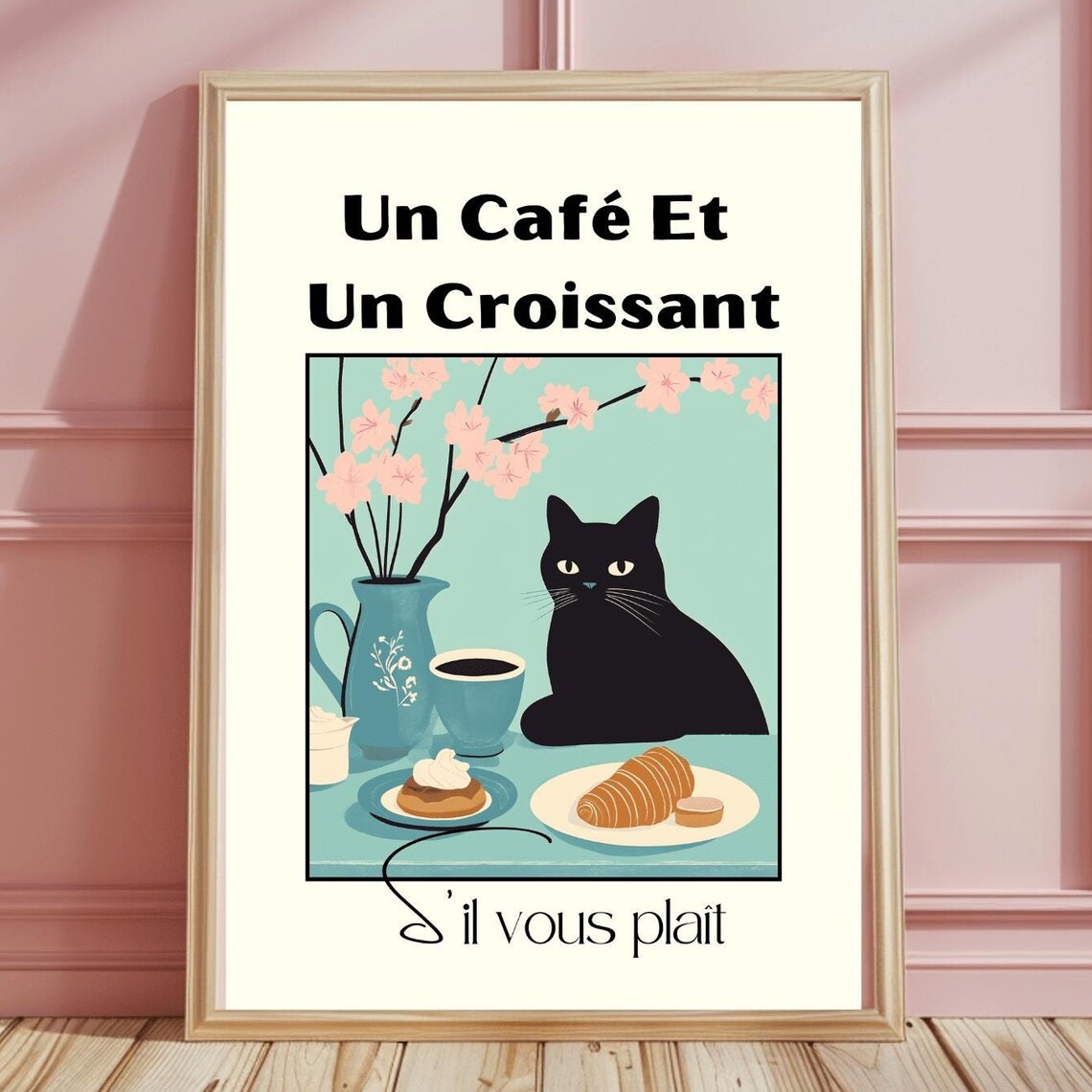 Un Cafe Et Un Croissant Black Cat French Cafe Kitchen Art Poster