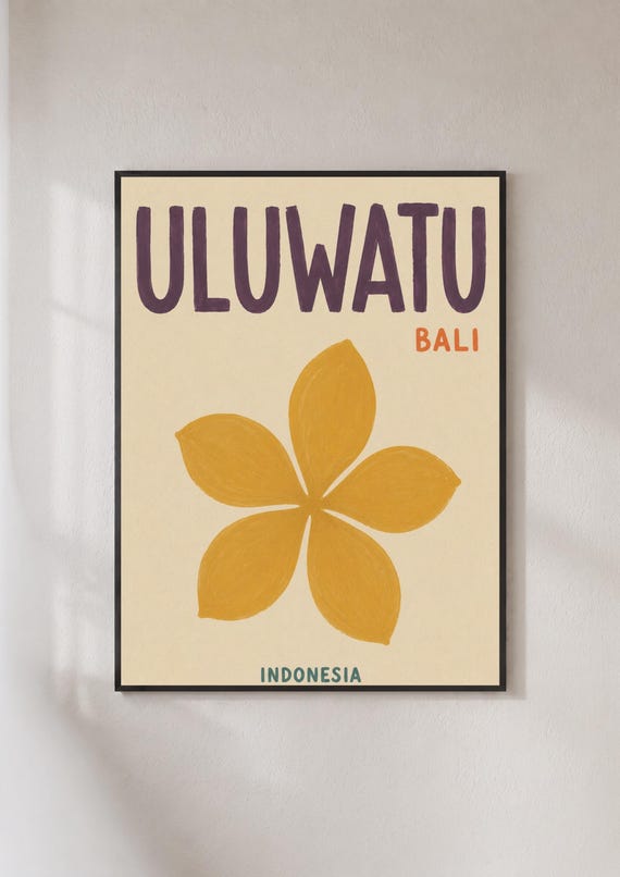 Uluwatu Bali Poster Indonesia Travel Print Frangipani Flower Wall Art Retro