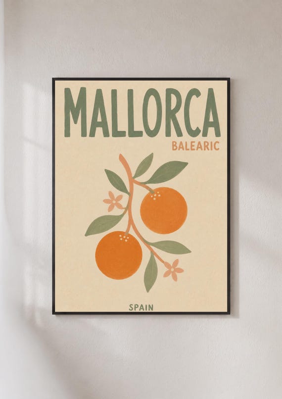Mallorca Travel Poster Balearic Islands Spain Orange Print Retro Wall Art