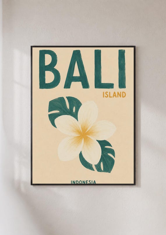 Bali Island Indonesia Travel Poster Tropical Plumeria Flower Wall Art Print