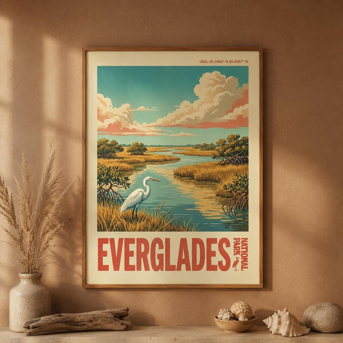 Everglades National Park Florida Egret Wetland Vintage Travel Poster