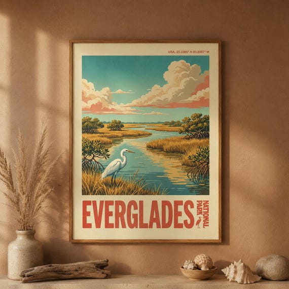 Everglades National Park Print Vintage Florida Wetland Heron Wall Art