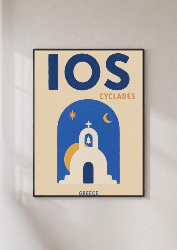 Ios Greece Travel Poster Cyclades Greek Island Wall Art Retro Blue Church Print