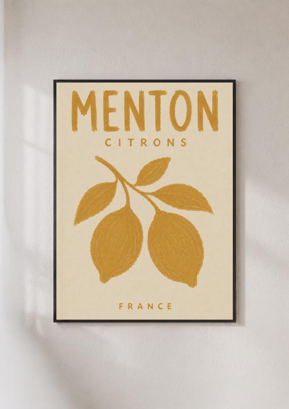 Menton Citrons France Lemon Poster French Riviera Wall Art Mustard Yellow Kitchen Print