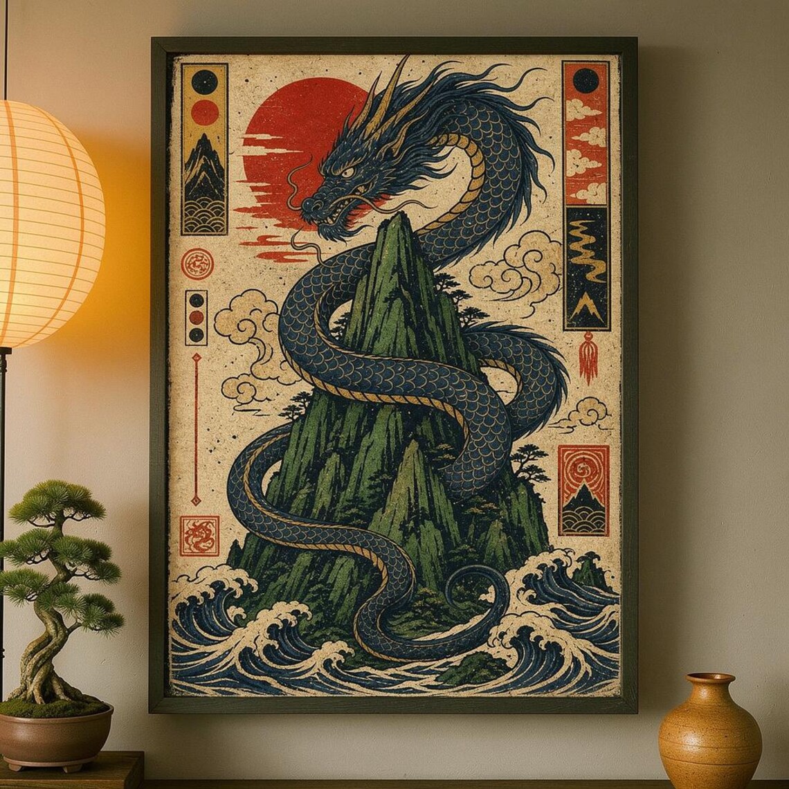 Japanese Ukiyoe Dragon Fantasy Mountain Art Print