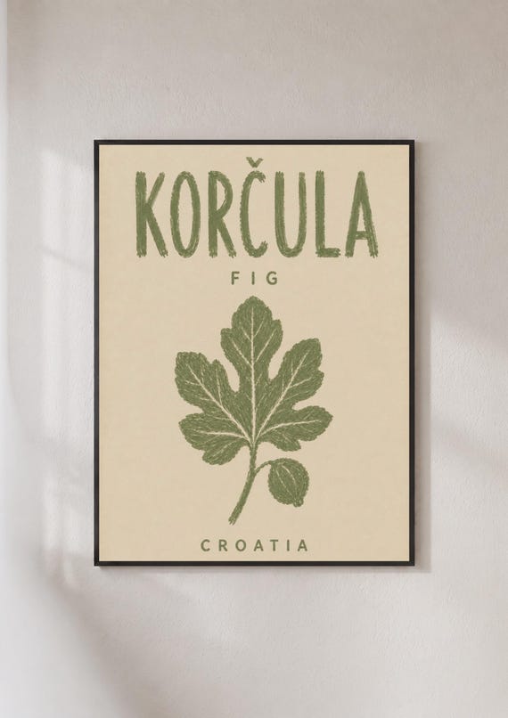 Korcula Croatia Fig Leaf Poster Botanical Travel Wall Art Adriatic Island Print